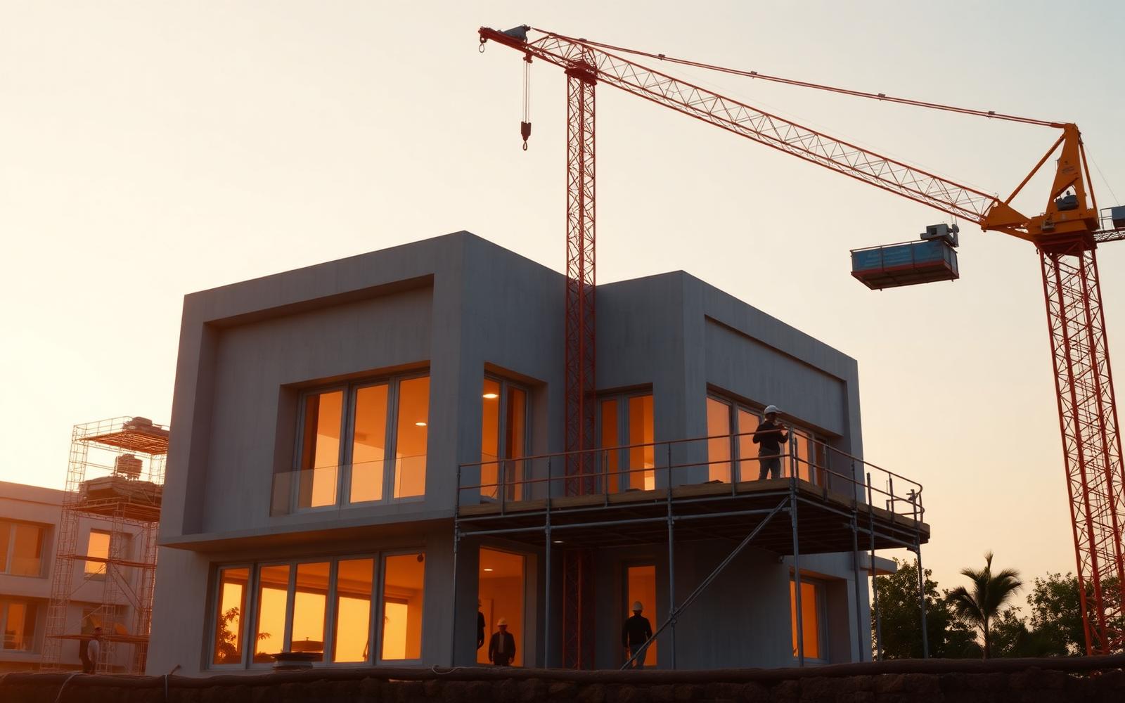 Chantier de construction d'une villa moderne au coucher du soleil